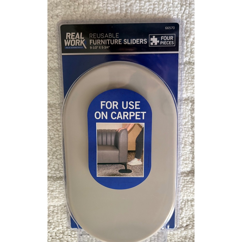 Real Work Reusable Furniture Sliders 4 Pack 9-1/2 x 5-3/4 for Carpet 66570 Gray